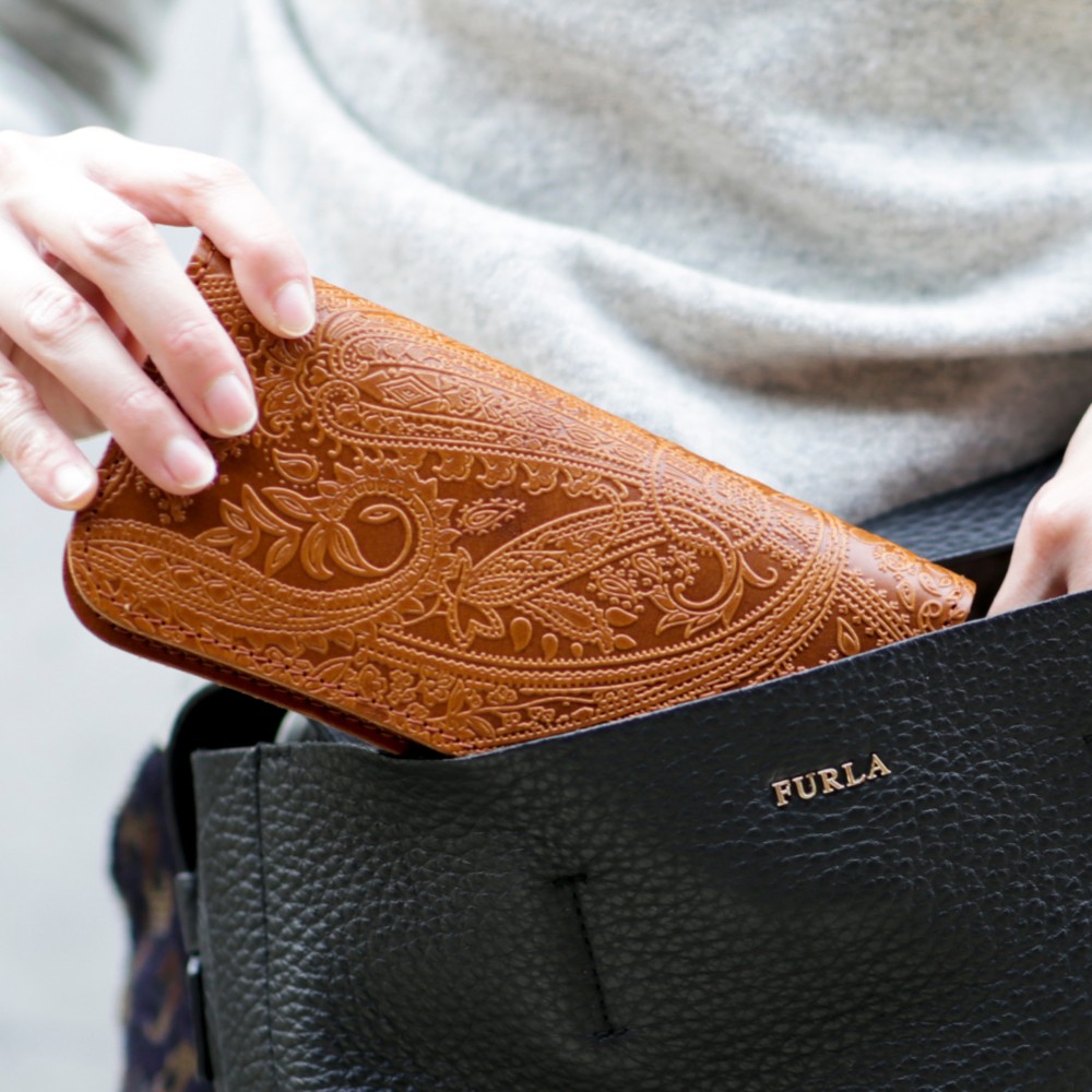 永久保証 オール 栃木レザー ペイズリー型押し ロングウォレット NAZARIO オーク 長財布 二つ折り ヌメ革