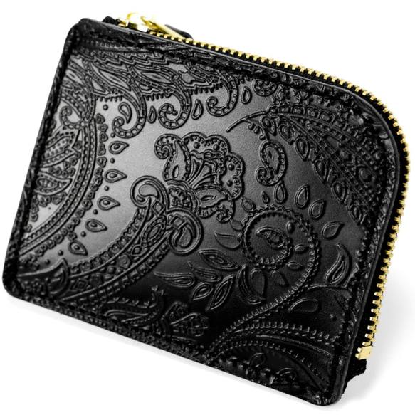 永久保証 栃木レザー ペイズリー 薄型 極小 L字ファスナー コンパクト ウォレット FARIA ブラック 財布 ヌメ革 2枚目の画像
