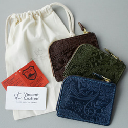 永久保証 栃木レザー ペイズリー 薄型 極小 L字ファスナー コンパクト ウォレット FARIA ネイビー 財布 ヌメ革 4枚目の画像