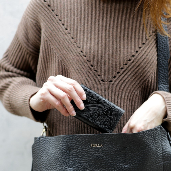 永久保証 オール 栃木レザー ペイズリー型押し 名刺入れ カードケース JOHAN ブラック 名刺ケース ヌメ革 2枚目の画像