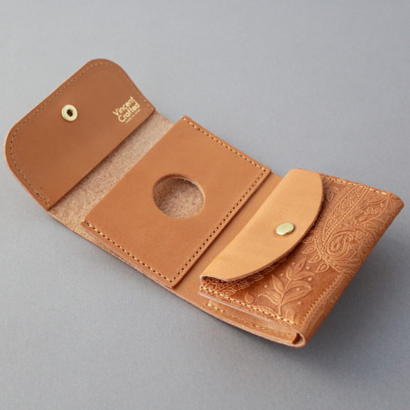小さい財布 送料無料 栃木レザー ペイズリー型押し コンパクト ウォレット PABLO ヌメ ミニ財布 三つ折り 5枚目の画像