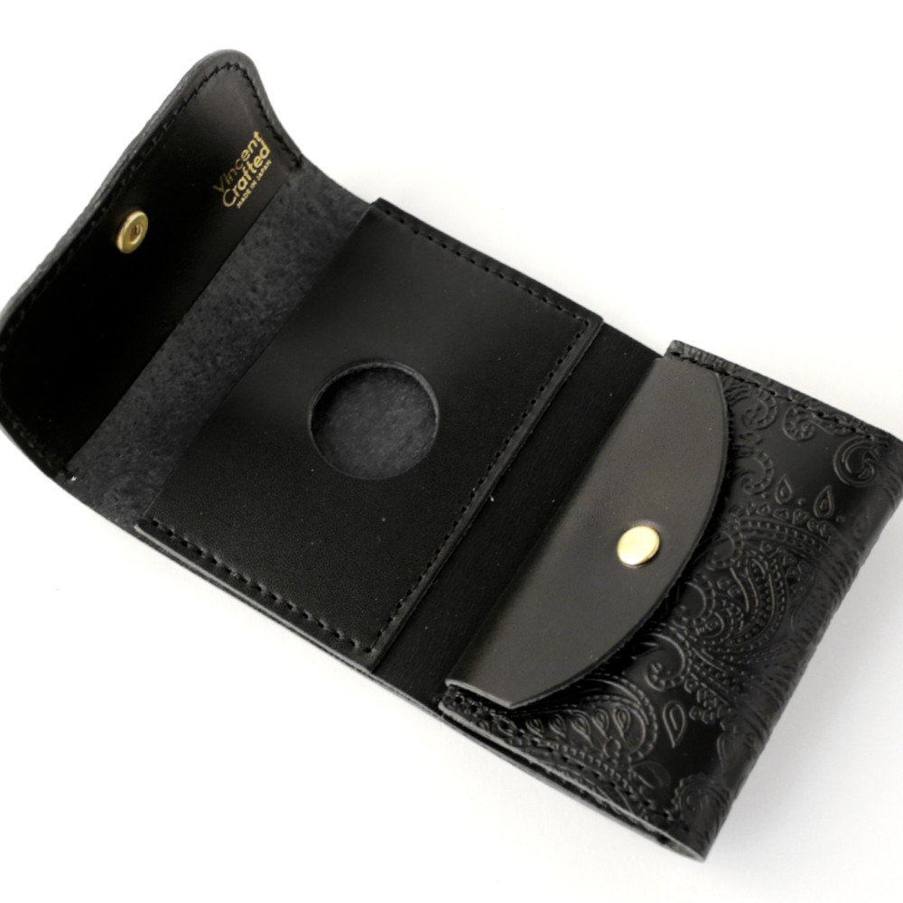 小さい財布 送料無料 栃木レザー ペイズリー型押し コンパクト ウォレット PABLO ブラック ミニ財布 黒 本革｜詳細画像