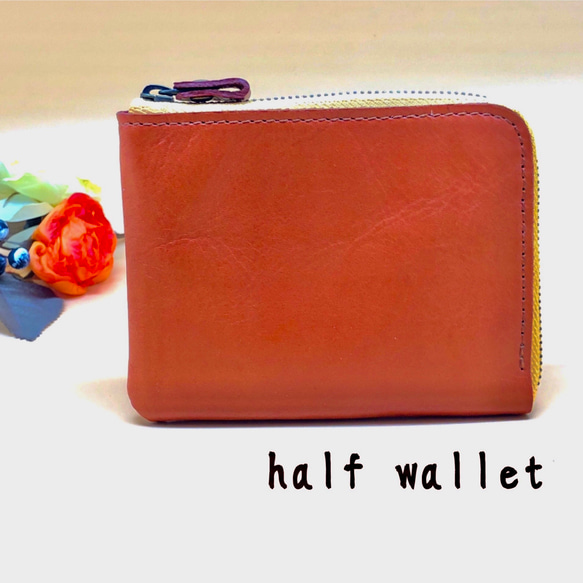 スリム　財布　レザー　ハーフウォレット  スリム　薄型　red brown 半札入れ　 1枚目の画像