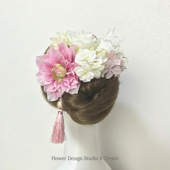 和装婚・成人式に♡ピンクのダリアと白いお花のヘッドドレス（12本）　紫陽花　卒業袴　結婚式　成人式　着物　和装　髪飾り　 3枚目の画像