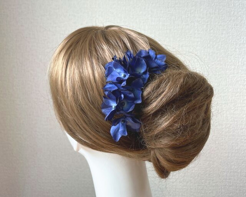 確認たらりんヘアリボン ヘアゴム1663あじさいブルー青花柄紫陽花