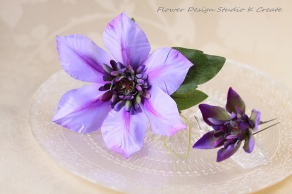 クレマチスのUピン（PA:L&S ２本セット） 浴衣　紫　パープ　訪問着　夏　髪飾り　ヘアアクセ　造花　アートフラワー 3枚目の画像