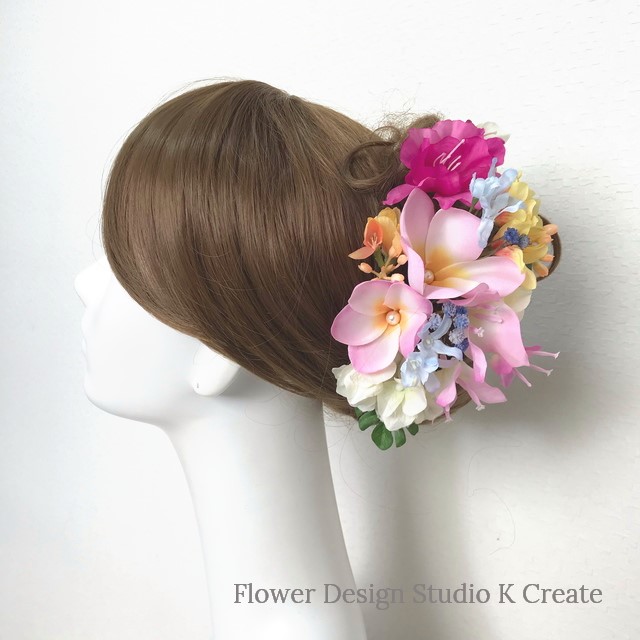 ピンクのプルメリアとミレアザレアのヘッドドレス(11本）　ヘッドパーツ　ピンク　前撮り　結婚式　成人式　ウェディング