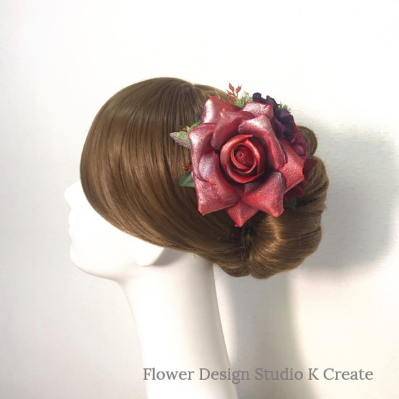 赤い薔薇と紫陽花のヘアクリップ　髪飾り バラ フラメンコ レッド 発表会 結婚式 　 1枚目の画像