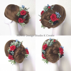 赤い薔薇とブルースターのヘッドドレス（17本） 結婚式　ウェディング　赤　バラ　結婚式　発表会　髪飾り　前撮り 2枚目の画像