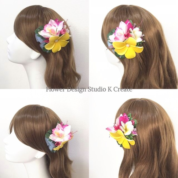 黄色いプルメリアとシンビジュームのヘアクリップ　髪飾り　トロピカル　造花　南国　花　フラワー　フラ　フラダンス　 7枚目の画像