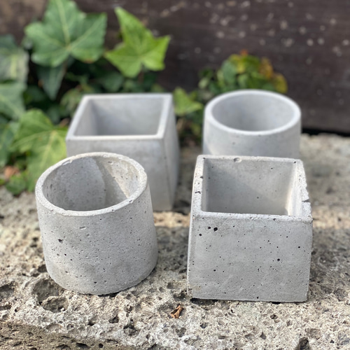 モルタル 植木鉢 2個セット（丸・四角） 一輪挿し・花瓶・花器