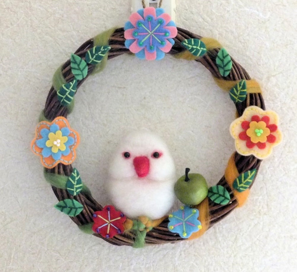 フラワーリース&羊毛フェルト文鳥さん