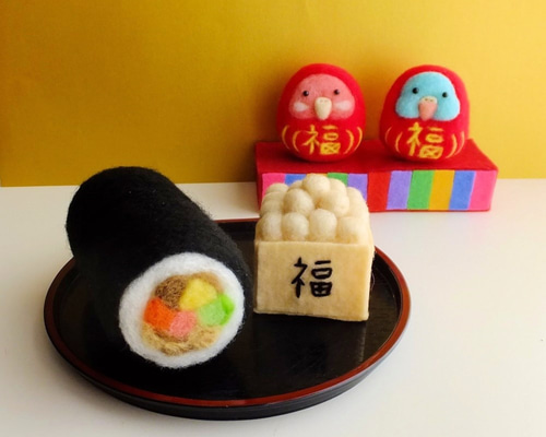 羊毛フェルト うさぎ　くま　節分　恵方巻き ご予約受付中！羊毛フェルトの恵方巻き(受注制作) 羊毛フェルト