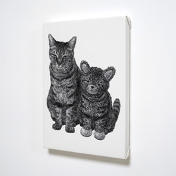 『キャンバスプリント SMサイズ 複製画 』 ネコとネコのぬいぐるみ 2（白黒） 2枚目の画像