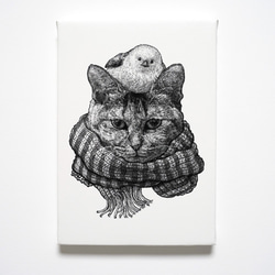 『 キャンバスプリント SMサイズ 複製画 』しましまマフラー猫とシマエナガ（白黒） 1枚目の画像