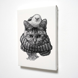 『 キャンバスプリント SMサイズ 複製画 』しましまマフラー猫とシマエナガ（白黒） 2枚目の画像
