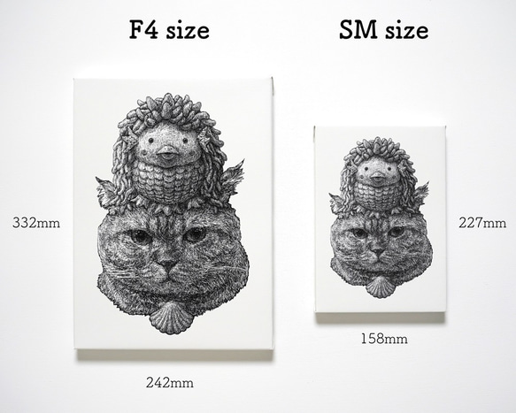 『キャンバスプリント SMサイズ 複製画 』 アマビエ様と猫様（白黒） 3枚目の画像