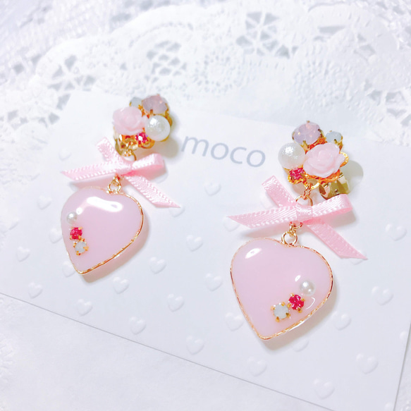 ぷっくりハートとリボンのピアス イヤリング / 量産型 地雷 ゆめ 