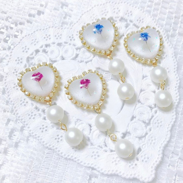ぷっくりハートとかすみ草のピアス イヤリング / 量産型 量産 大人 