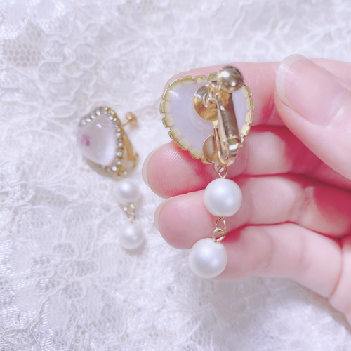 ぷっくりハートとかすみ草のピアス イヤリング / 量産型 量産 大人 