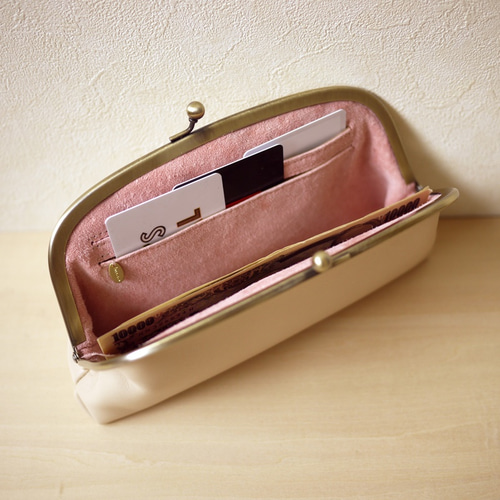 在庫あり・翌日出荷可能】レザーがま口長財布 ライトベージュ がま口