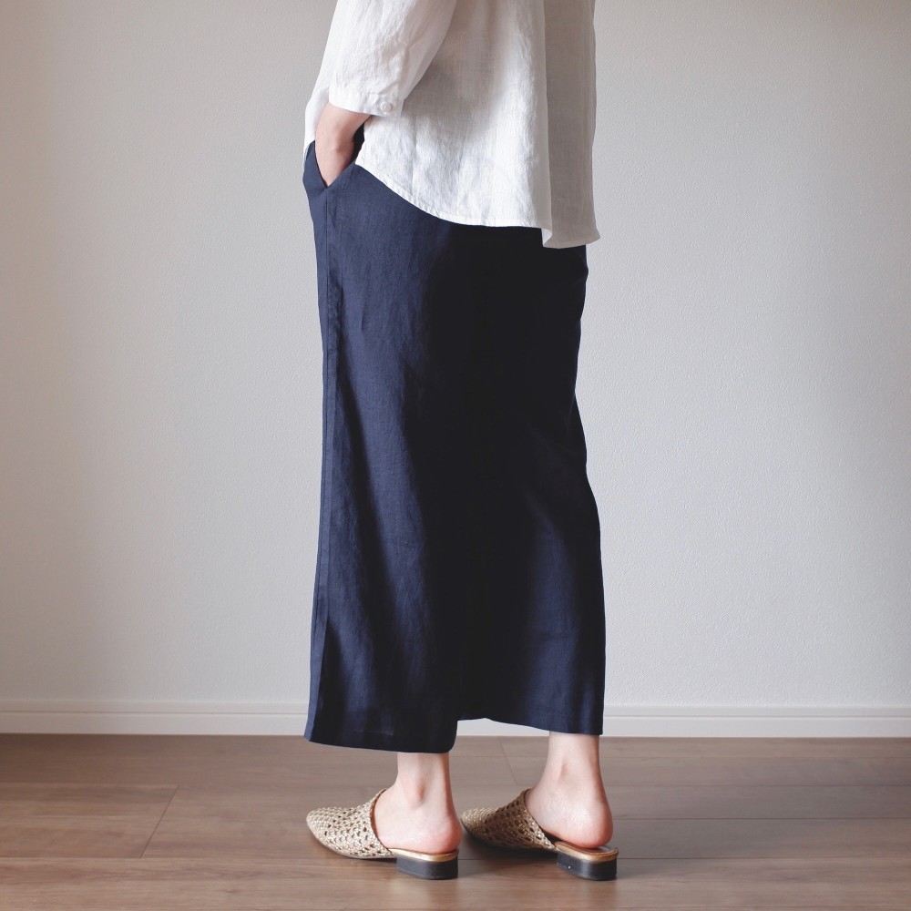 冷感 大人可愛い リネン 麻 ワイドパンツ 体型カバー ゆったり 春 夏 P106 NV
