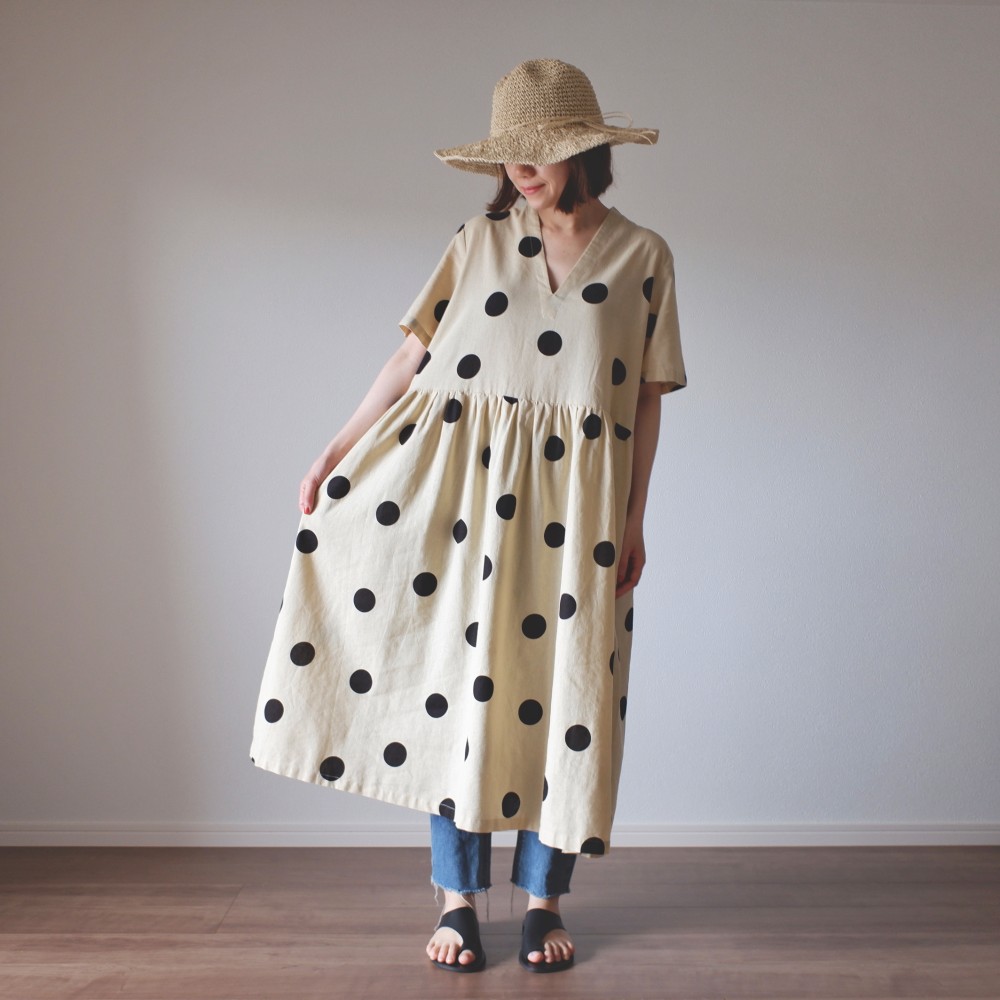 冷感2025 大人可愛い リネン 麻 ワンピース 半袖 ドット 体型