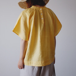 【this_】大人可愛い 袖あり ブラウス シンプル ギャザー リネン 春 夏 半袖 麻 黄色 T120 YL 4枚目の画像