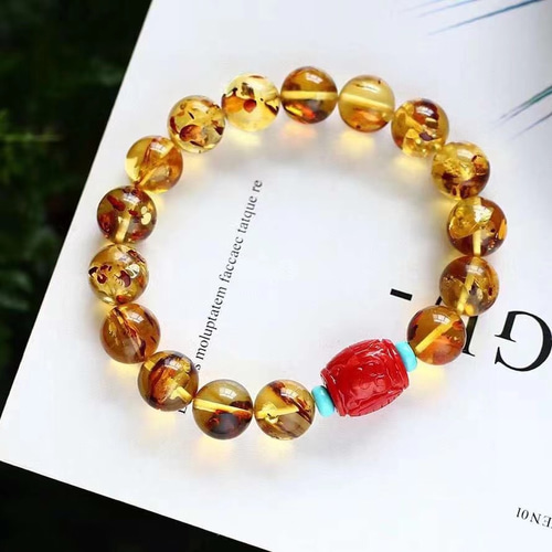 天然無処理 フラワーアンバー 琥珀 ブレスレット ブレスレット