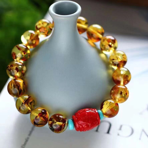 天然無処理 フラワーアンバー 琥珀 ブレスレット ブレスレット 天然石