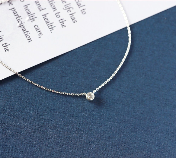 單鑽鋯石-純銀素銀頸鍊-短項鍊-項鏈-生日禮物 第1張的照片