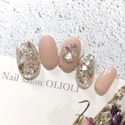 ピンクベージュニュアンスフラワー水引ネイル ブライダル 前撮り 成人