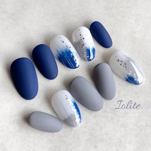 Blue gray ネイルチップ Amazon | 24枚 ネイルチップ つけ爪 ブルー&グレーネイル ショート