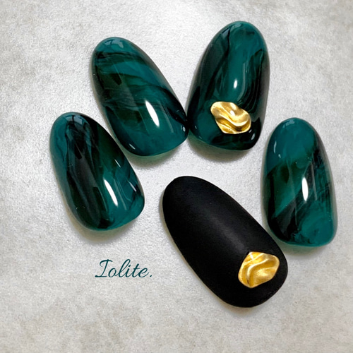 凜 .23 青緑 ニュアンス 黒 グリーン 緑 ブラック 成人式 秋 秋ネイル