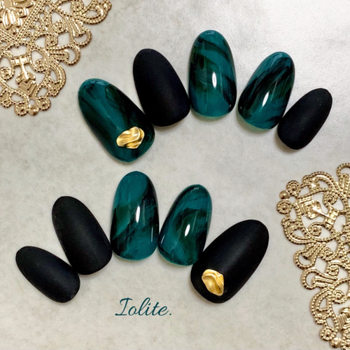 凜 .23 青緑 ニュアンス 黒 グリーン 緑 ブラック 成人式 秋 秋ネイル