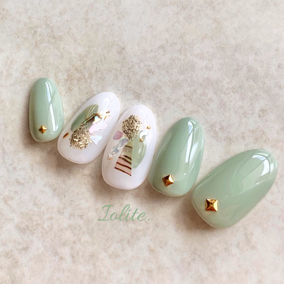 ネイルチップ ニュアンス 緑 ちゅるん フルオーダーネイル オーダー 凜 .03 グリーン 緑 ニュアンス ブライダル 結婚式 成人式 前撮り 春