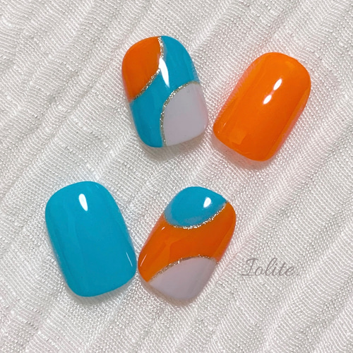 【sample】オーダーネイルチップ 推し活 付け爪 つけ爪 青 オレンジ sample】オーダーネイルチップ 推し活 付け爪 つけ爪 カラフル 赤 青