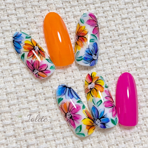 彩 .18 オレンジ カラフル ピンク ブルー フラワー 花 夏 夏ネイル