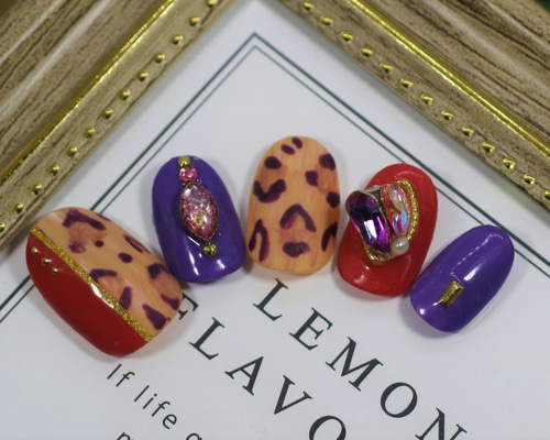 かっこいい豹柄☆レオパード☆赤×紫ヒョウ柄☆ネイルチップ