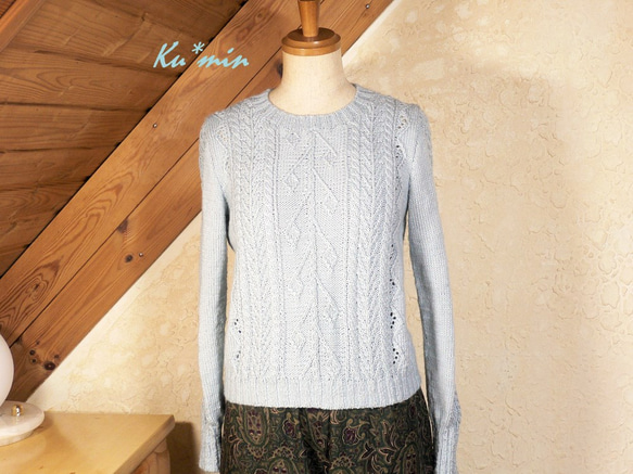 手編みセーター＆プチマフラー✿silkwoolアクア 3枚目の画像