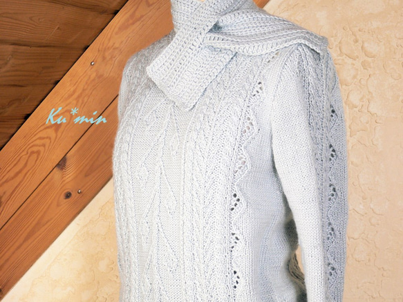 手編みセーター＆プチマフラー✿silkwoolアクア 5枚目の画像