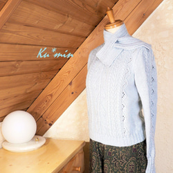 手編みセーター＆プチマフラー✿silkwoolアクア 6枚目の画像