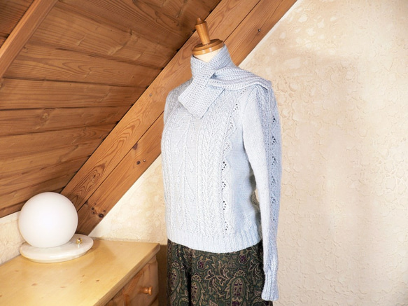 手編みセーター＆プチマフラー✿silkwoolアクア 7枚目の画像