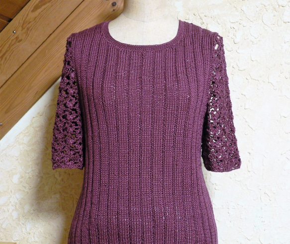 手編み海島綿セーター・シーアイランドコットンあずき色 5枚目の画像