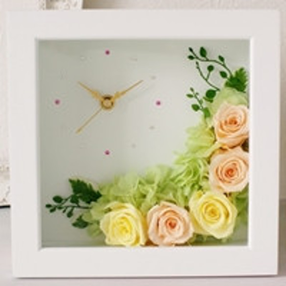 【Eclaire Flower Design】プリザーブドフラワー 壁掛け フラワー時計 オレンジ-イエロー 1枚目の画像