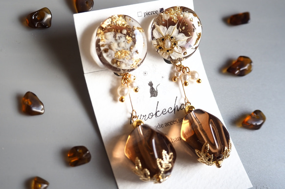 ブラウン イヤリング ・ ピアス ＊ 大人っぽい 2way お花 パール