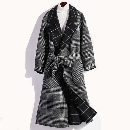 手縫い 千鳥格子 ウールコート リバーシブル生地 ロングコート