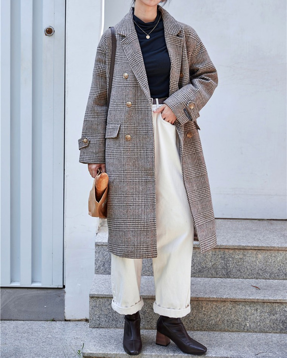 ZARA チェック　ダブルブレストコート　グレー系 ZARA チェック柄 ダブルブレストコートミドルグレー