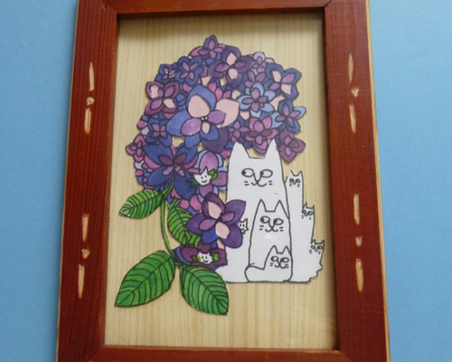 オリジナル画の切り絵 ～あじさいと一緒に～ 額付き ピンク 切り絵
