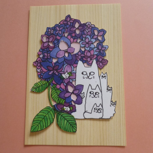 オリジナル画の切り絵 ～あじさいと一緒に～ 額付き ピンク 切り絵